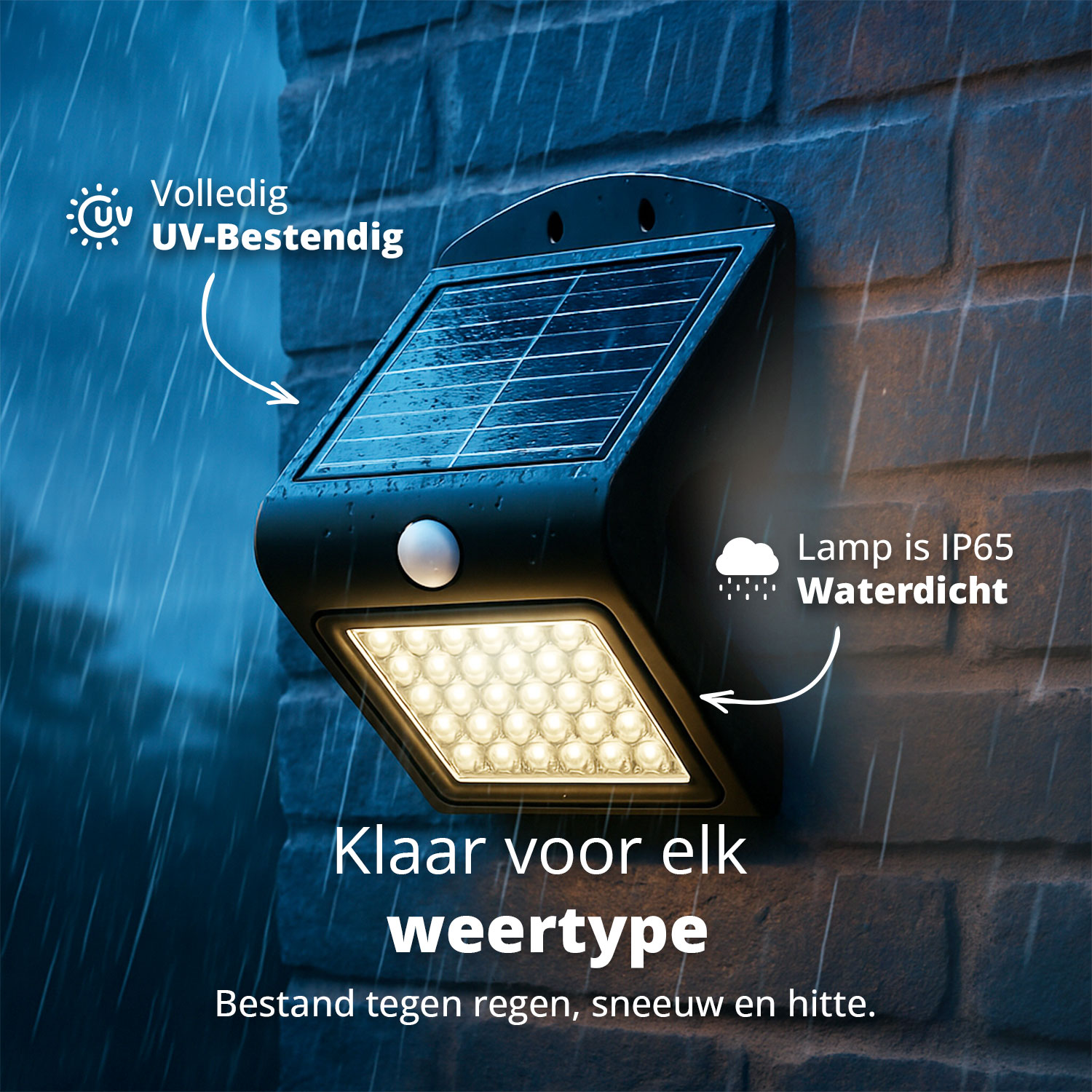 Black solar light on brick wall in rain. It's UV-resistant and waterproof, ready for any weather conditions.