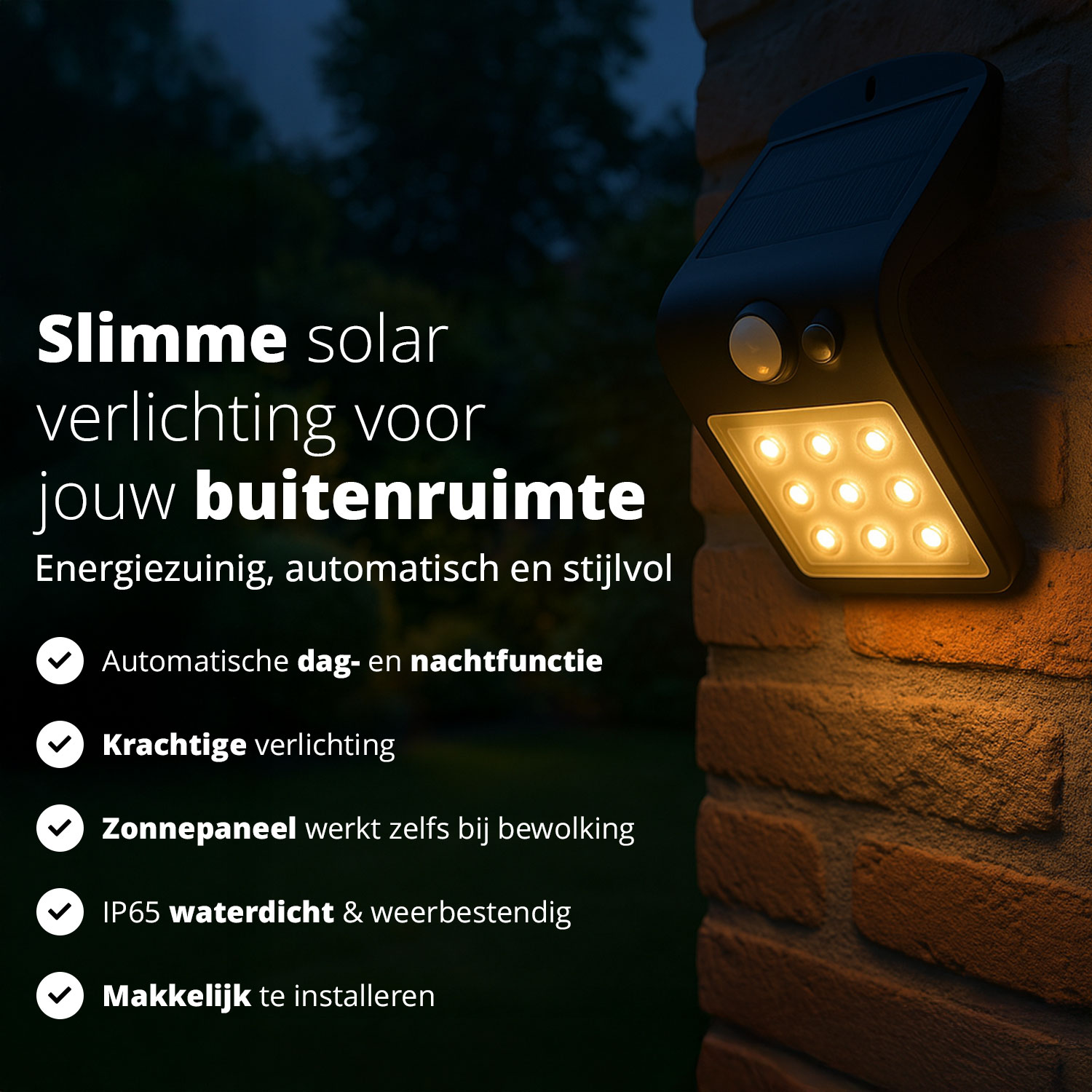 Smart solar light for outdoor spaces on a brick wall, offering energy-efficient, automatic, and stylish lighting.