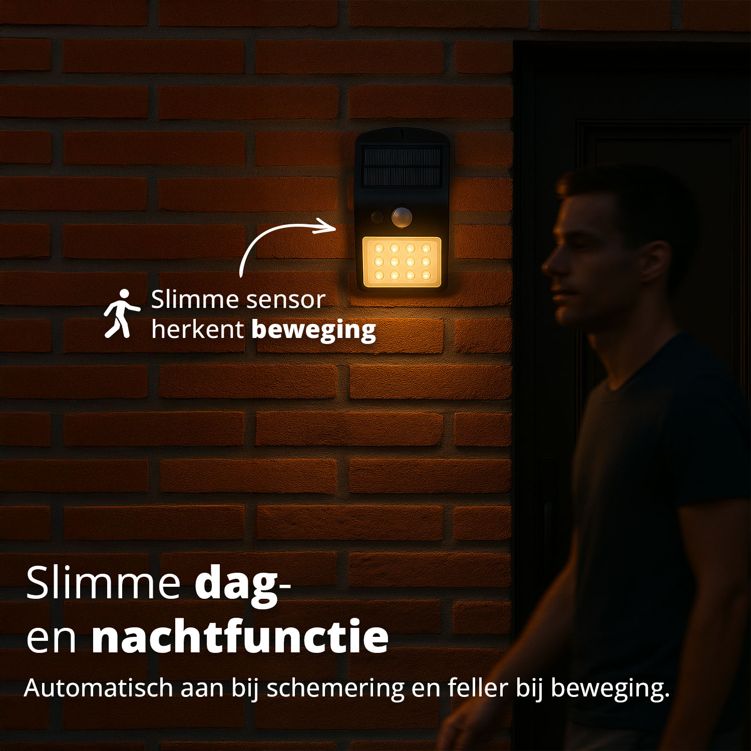 Man walking past solar light on brick wall. The smart sensor detects motion and activates the light.