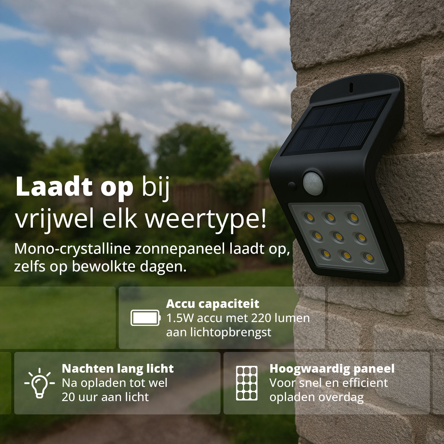 Outdoor solar light on brick wall, charging in any weather. Black with solar panel and LED lights. 1.5W, 220 lumen.