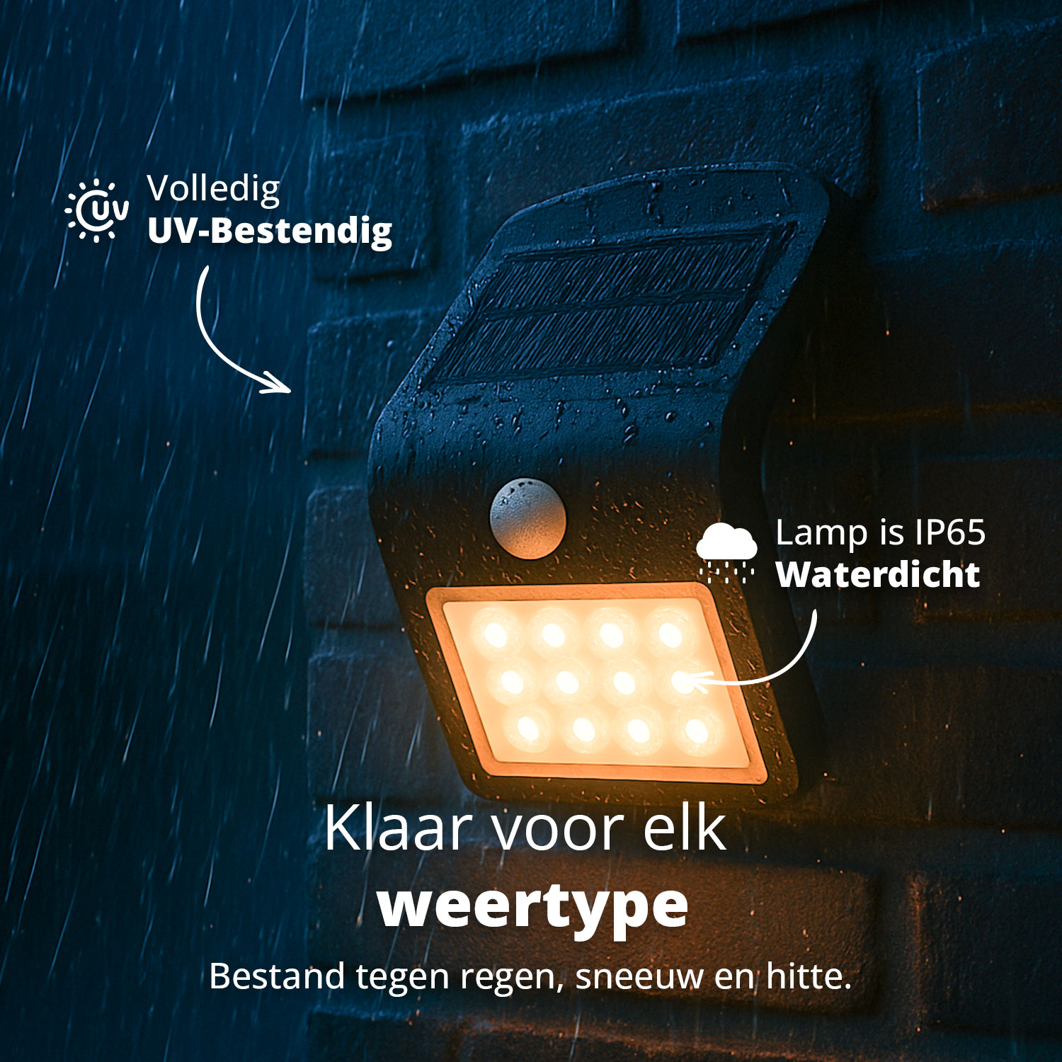 Outdoor light on brick wall, rain falling. The light is black with orange LED panel.