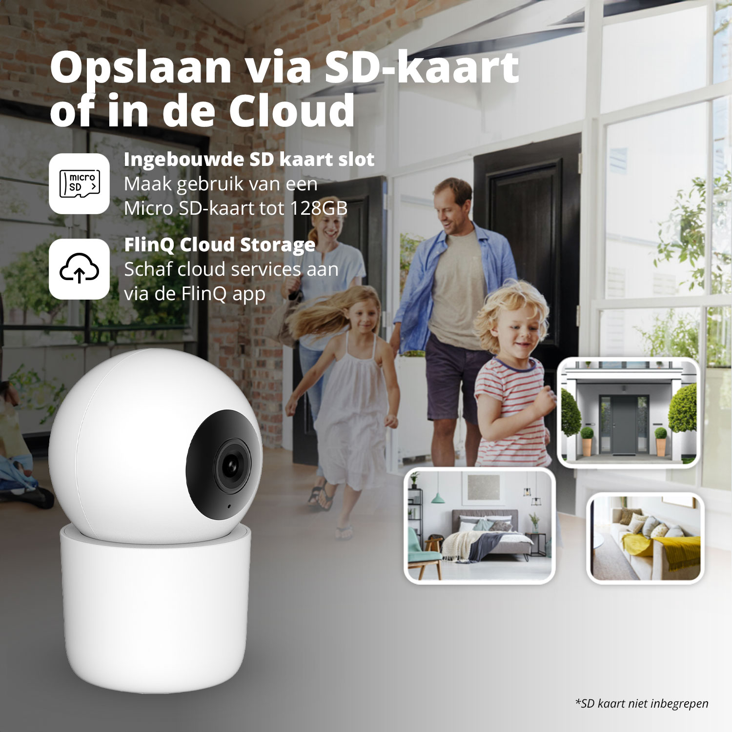 Security camera with SD card slot and cloud storage options. Family entering home in background.