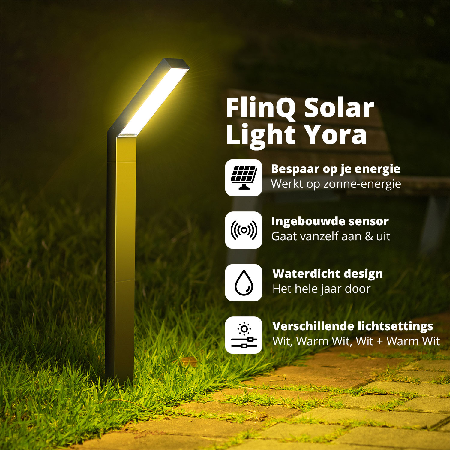 Een moderne zonnelamp verlicht een tuinpad met zacht, energiezuinig licht.