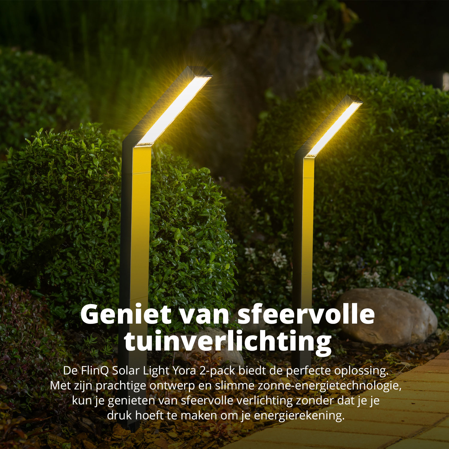 Twee zonnelampen verlichten een tuin en tonen een elegant ontwerp en efficiëntie.