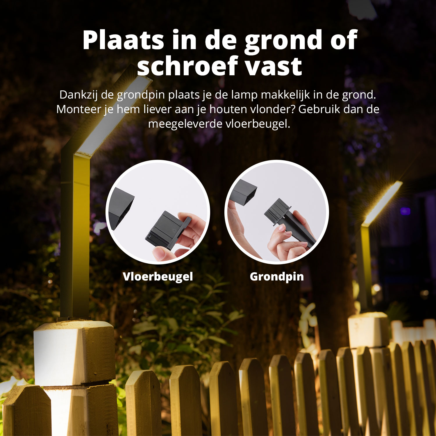 Een tuinlamp wordt getoond met opties om in de grond te plaatsen of vast te schroeven, met close-ups van de vloerbeugel.