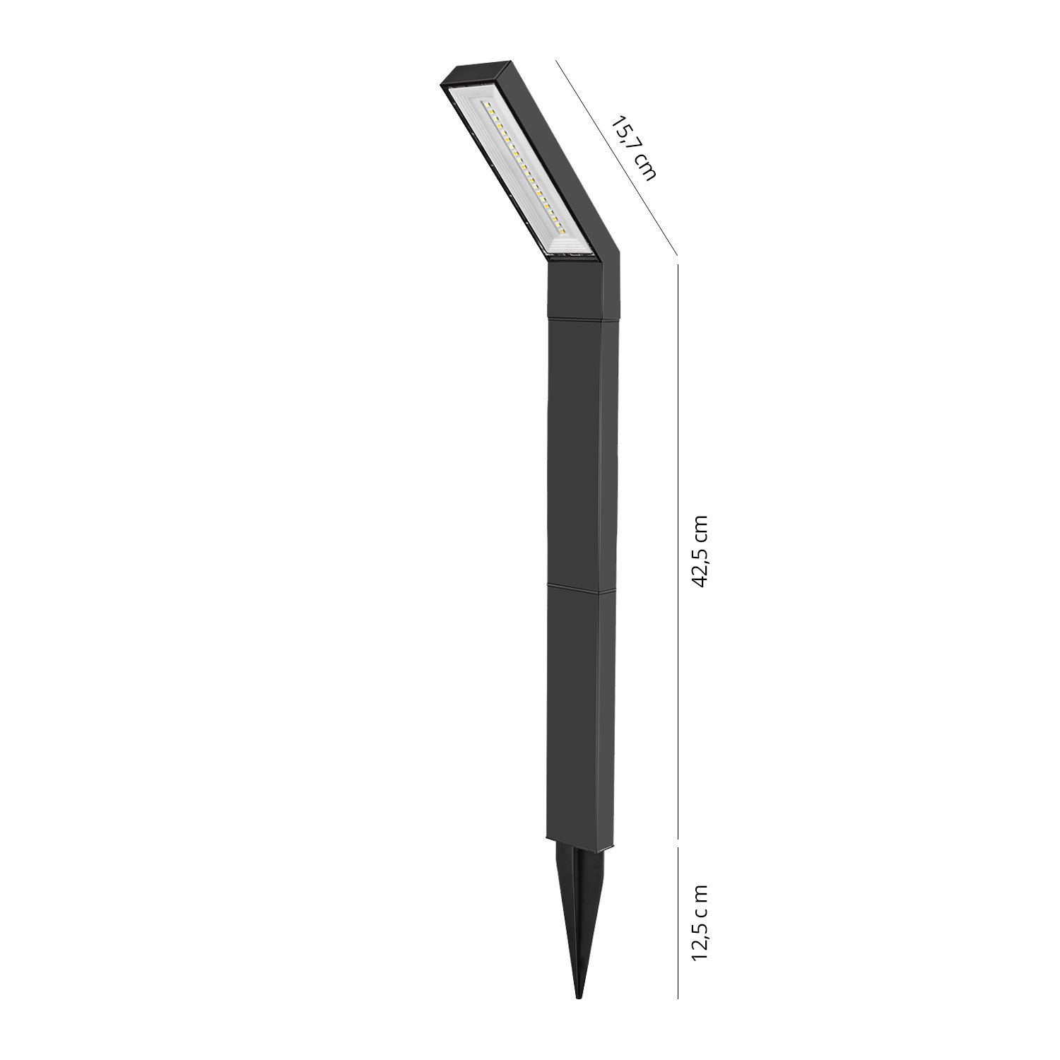 Een tuinlamp wordt getoond met afmetingen: 15,7 cm voor de lampkop, 42,5 cm voor de paal en 12,5 cm voor de spike.