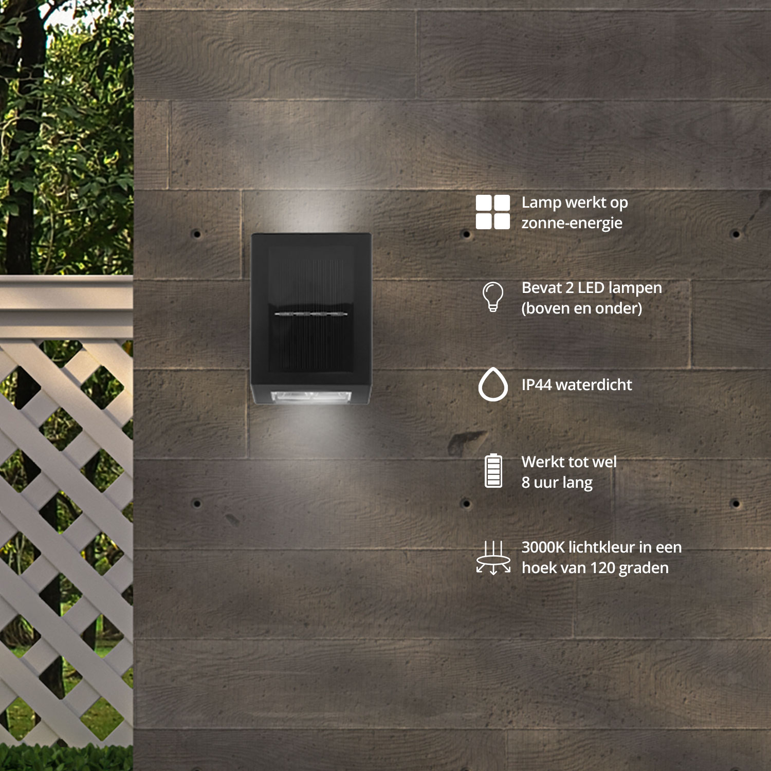 Outdoor solar light mounted on a grey wall next to a white fence.