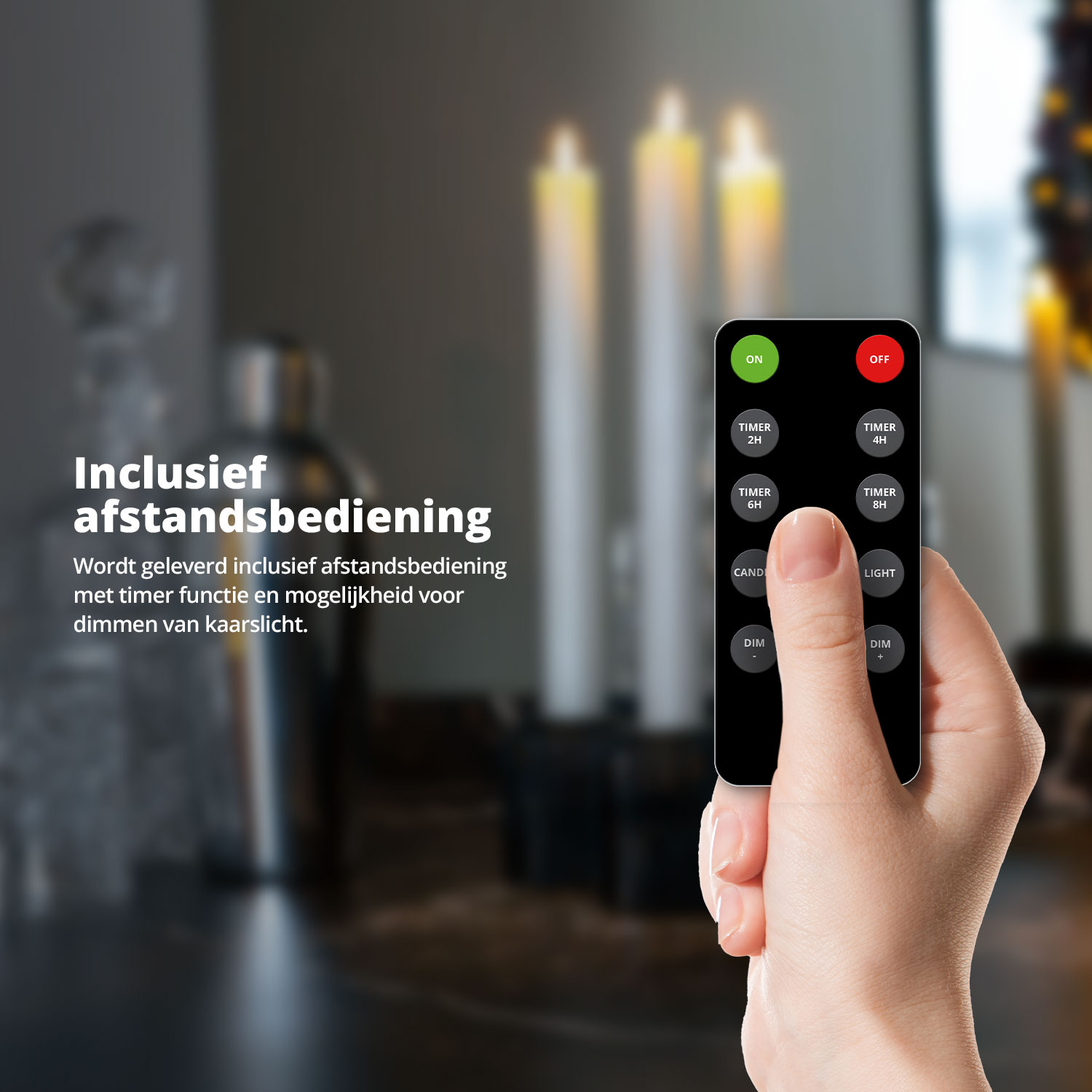 A hand holds a black remote with candle and light settings in a dark room.