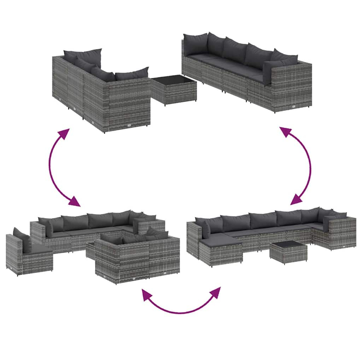 Se muestran opciones de asientos modulares para exteriores con flechas que indican cambios de configuración.