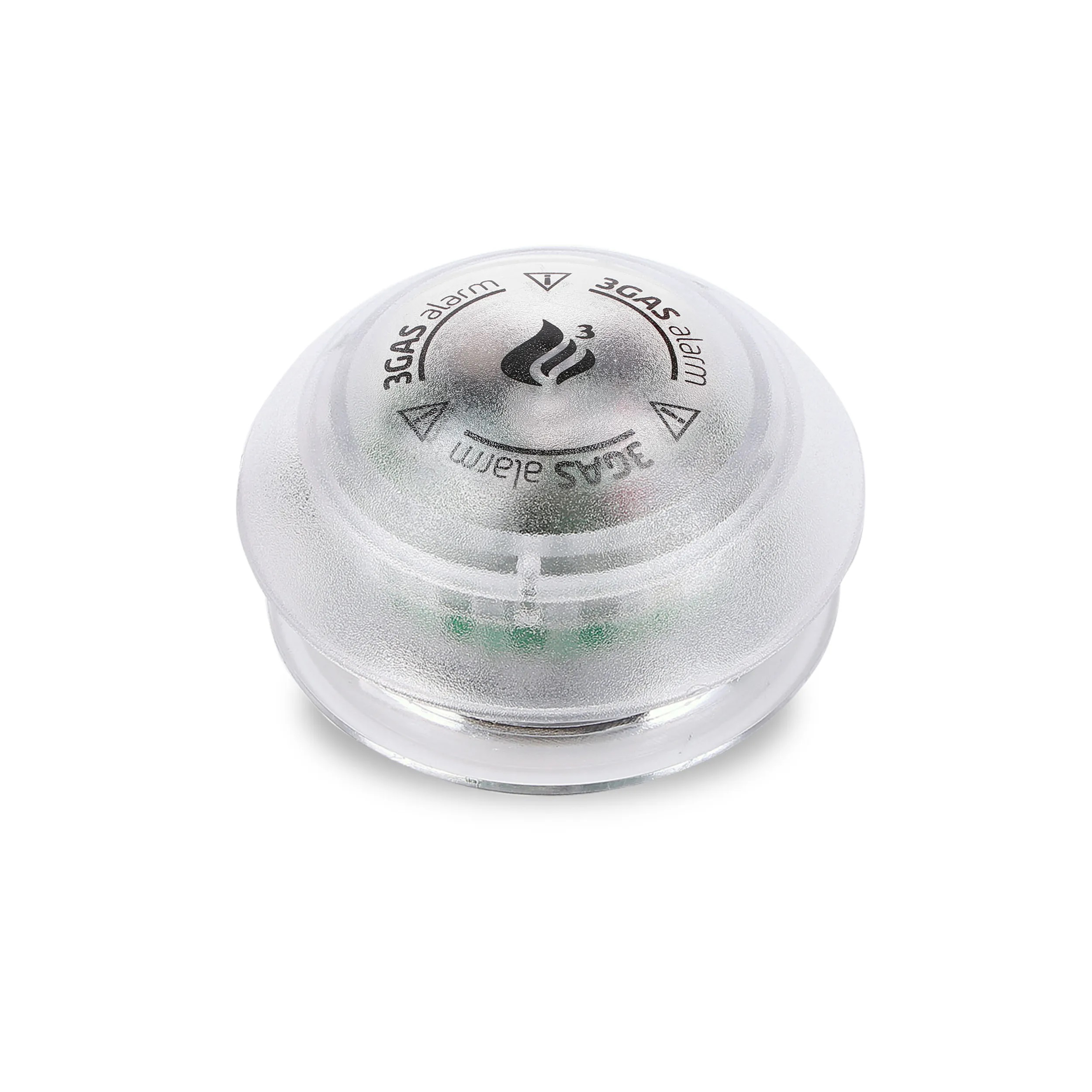 Ein transparenter Gasalarm mit den Worten "3GAS-Alarm" und einem Flammenlogo auf weißem Hintergrund.