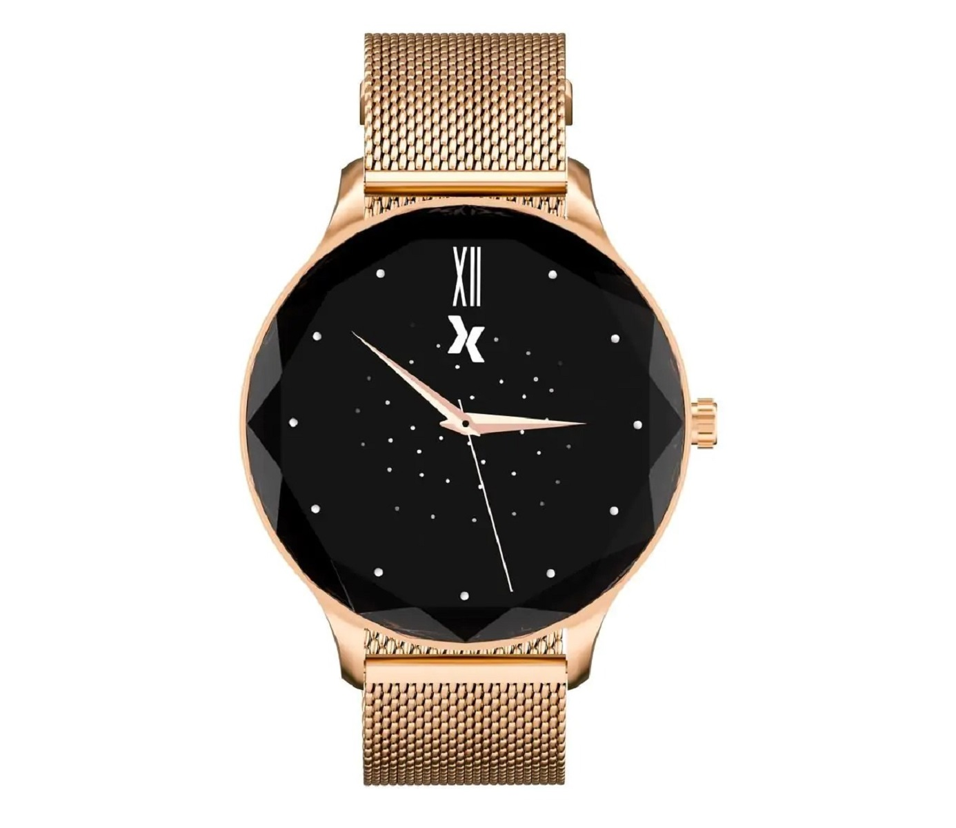 Roségoldene Smartwatch mit Mesh-Armband, schwarzem Zifferblatt mit diamantartigen Facetten und minimalistischen Markierungen.