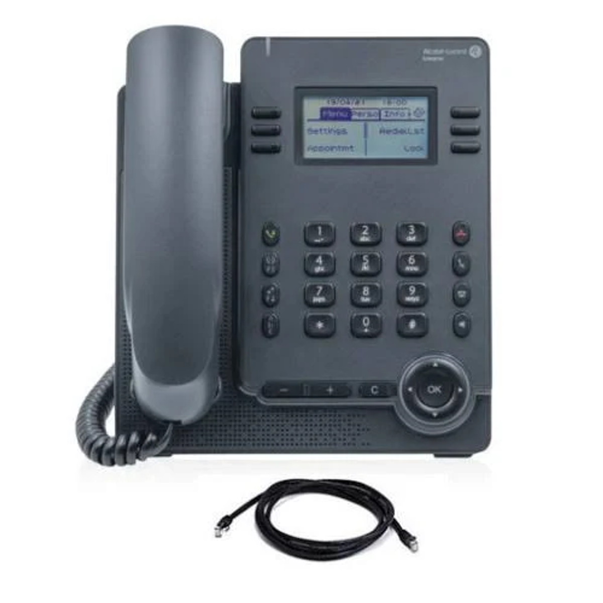 Telefono da ufficio grigio con ricevitore, schermo, pulsanti e cavo a spirale su una superficie bianca, con un cavo di rete.