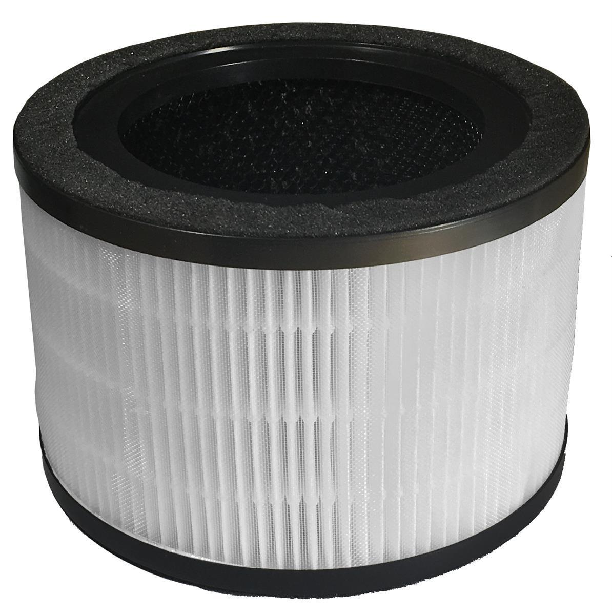 Ein zylindrischer Luftfilter mit schwarzem Rand und weißem Filtermaterial ist abgebildet.