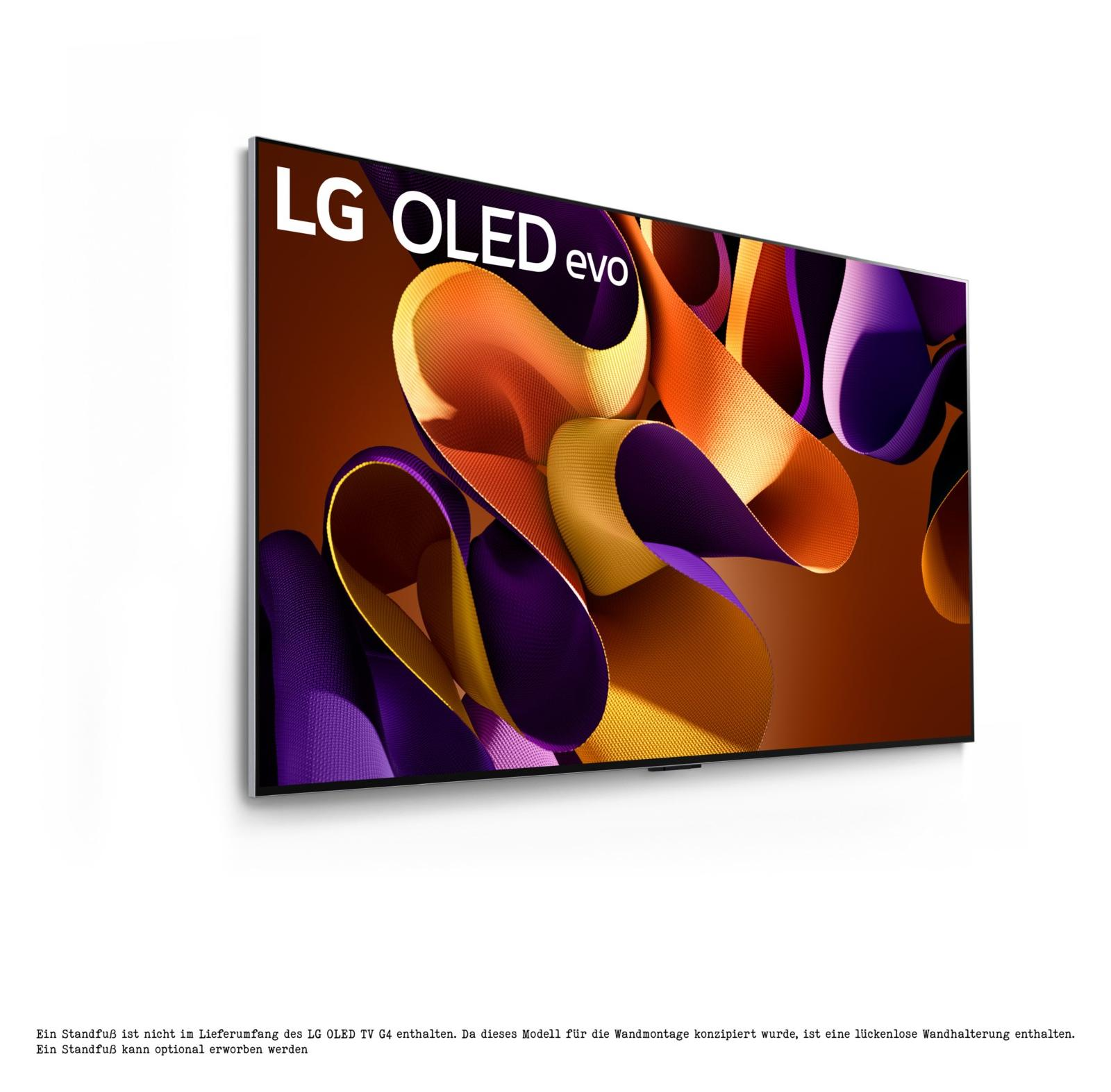 Ein moderner LG OLED evo TV zeigt farbenfrohe, abstrakte Grafiken vor einem weißen Hintergrund.