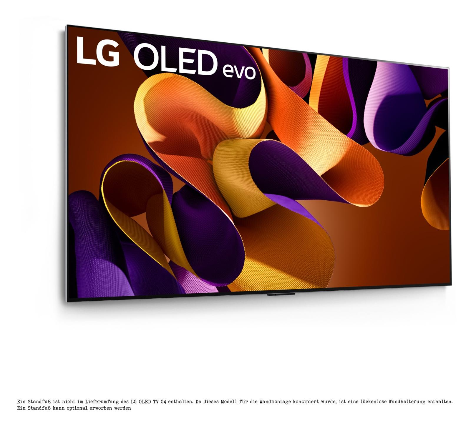LG OLED evo TV mit farbenfrohen abstrakten Grafiken vor einem sauberen, weißen Hintergrund.