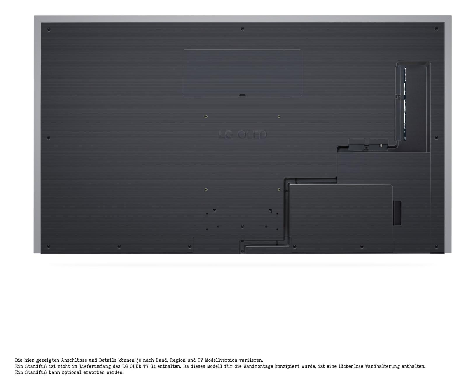 Die Rückseite eines LG OLED Fernsehers, die seine Anschlüsse und sein Design vor einem weißen Hintergrund zeigt.