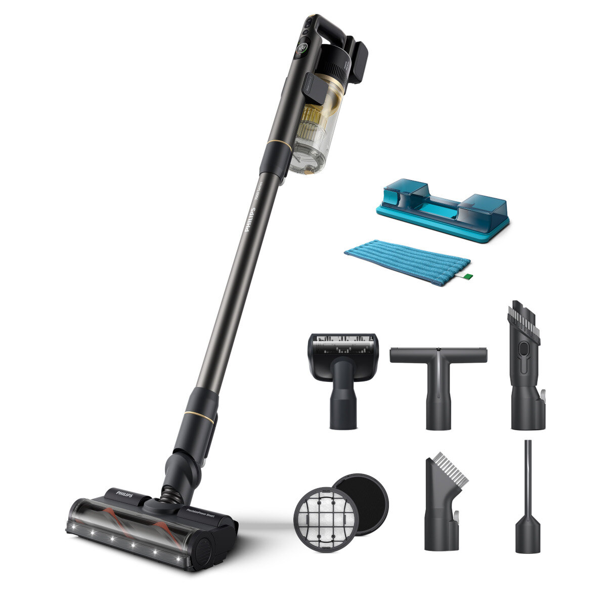 Odkurzacz bezprzewodowy z akcesoriami. Zawiera nakładkę czyszczącą, szczotkę i inne akcesoria.