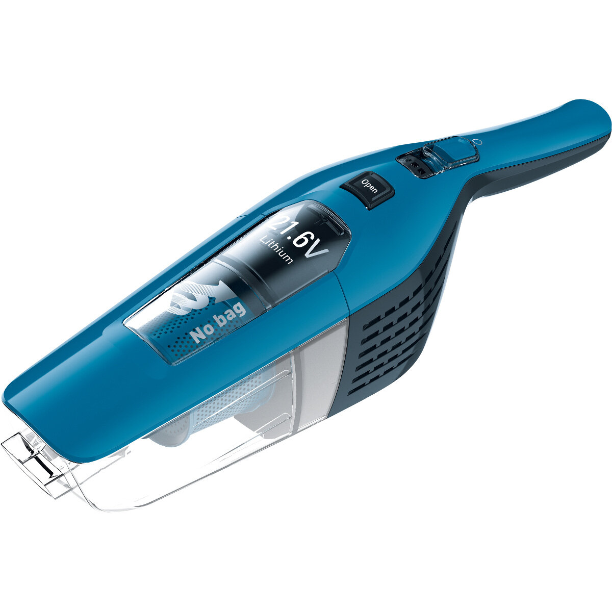 Un aspirapolvere portatile blu con un contenitore trasparente e l'etichetta '21.6V Lithium'.