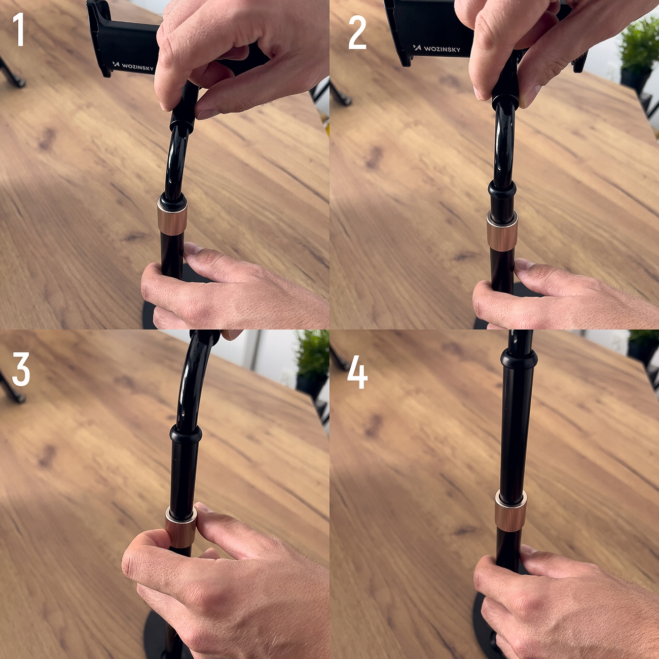 Cztery obrazy pokazujące montaż czarnego stojaka na telefon. Widać ręce w trakcie.