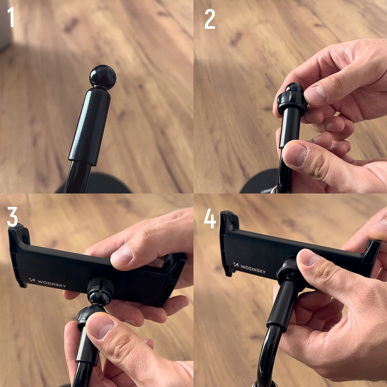 Cztery obrazy pokazujące demontaż czarnego stojaka na telefon. Widać ręce w trakcie.
