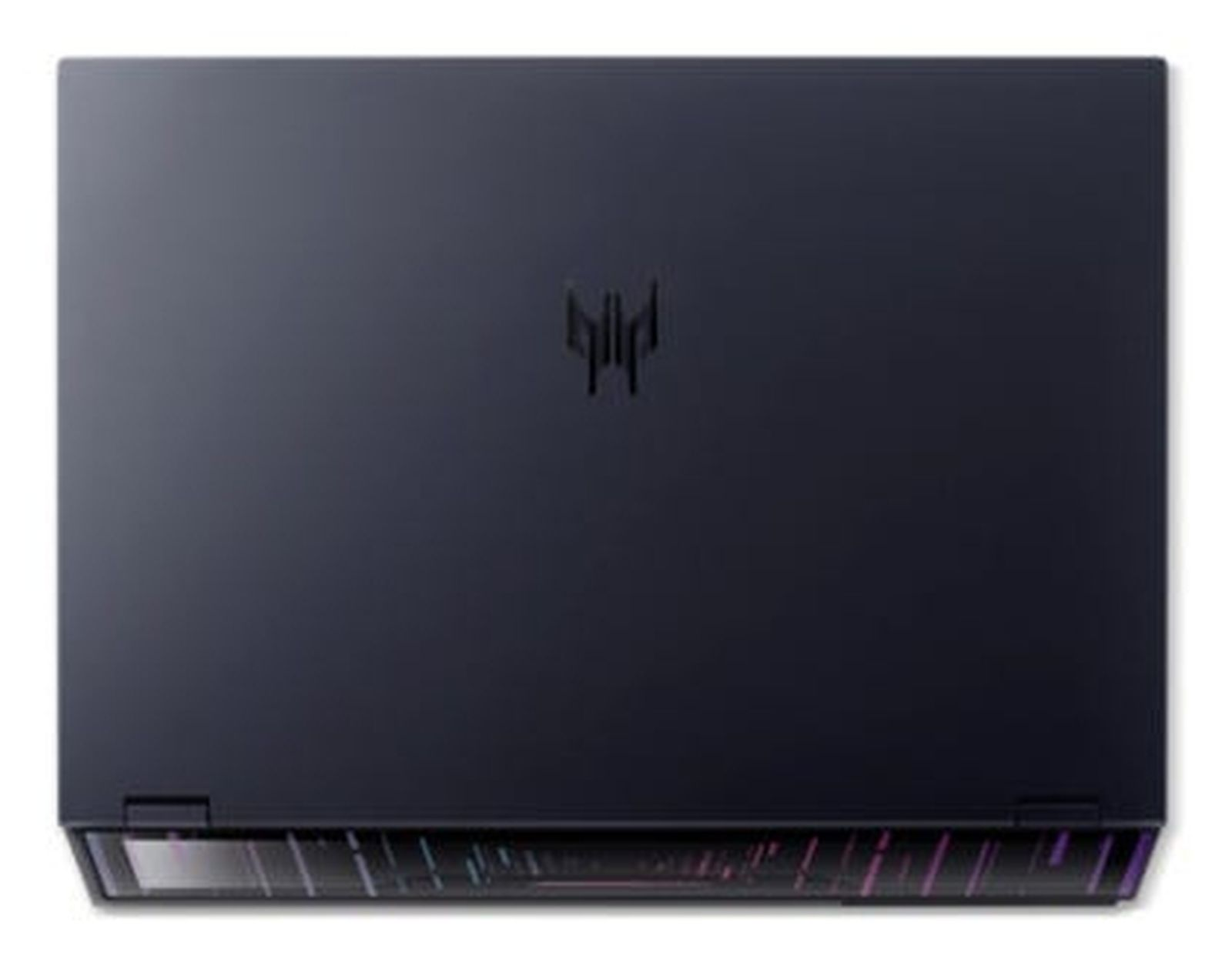 Ein geschlossener Gaming-Laptop mit dunklem Deckel und dezentem Logo, von oben gesehen, der ein schlankes Design zeigt.