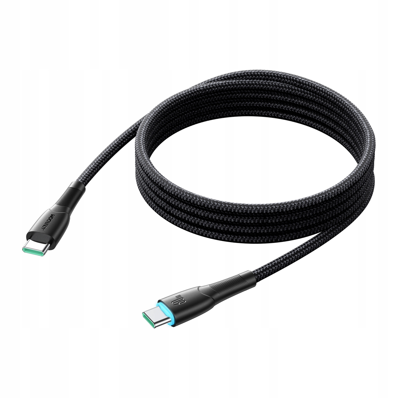 Ein schwarzes USB-C-Kabel mit geflochtener Textur und grünen Akzenten an den Anschlüssen, auf einem weißen Hintergrund ausgelegt.