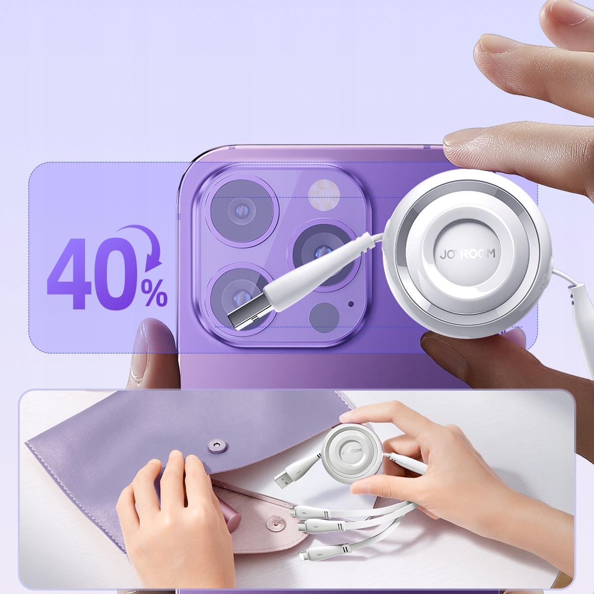 Zwijany kabel ładujący 3 w 1 jest używany z fioletowym telefonem i pasującym etui, co podkreśla wygodę.