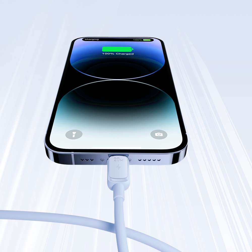 Ein Telefon zeigt 100 % Ladung mit einem eingesteckten weißen Kabel vor hellem Hintergrund.