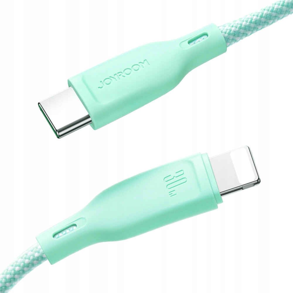 Ein mintgrünes USB-C-Kabel. Ein Ende hat einen USB-C-Anschluss, das andere einen USB-C-Anschluss.