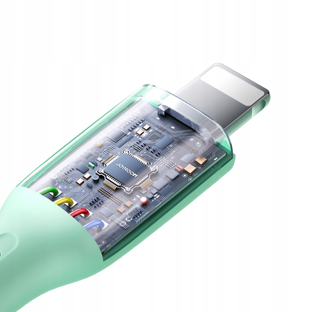 Klare Ansicht des USB-C-Anschlusses mit den Komponenten im Inneren. Das Kabel ist mintgrün und Joyroom.