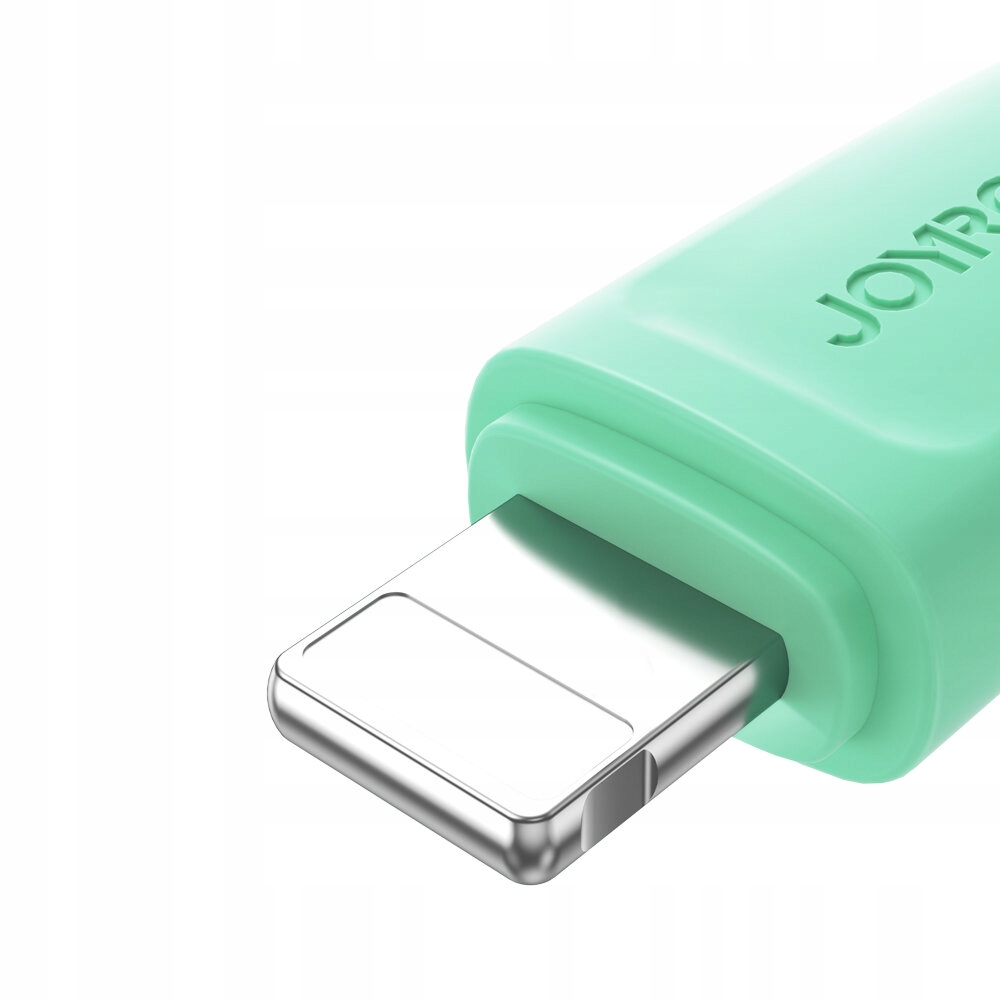 Nahaufnahme eines mintgrünen Lightning-Anschlusses. Der Anschluss ist mit Joyroom beschriftet.