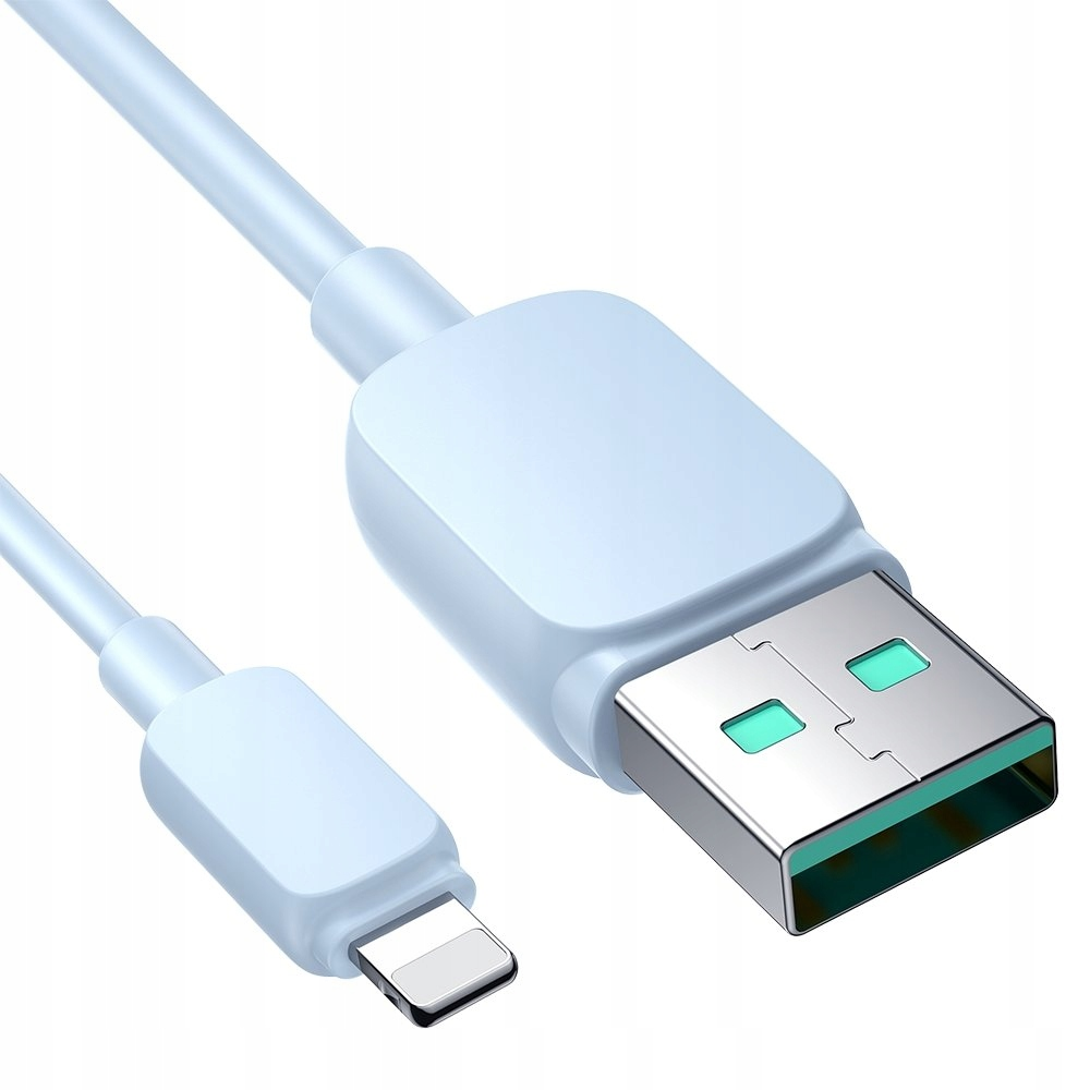 Ein hellblaues Kabel mit USB- und Lightning-Anschlüssen. Die Anschlüsse sind an beiden Enden.