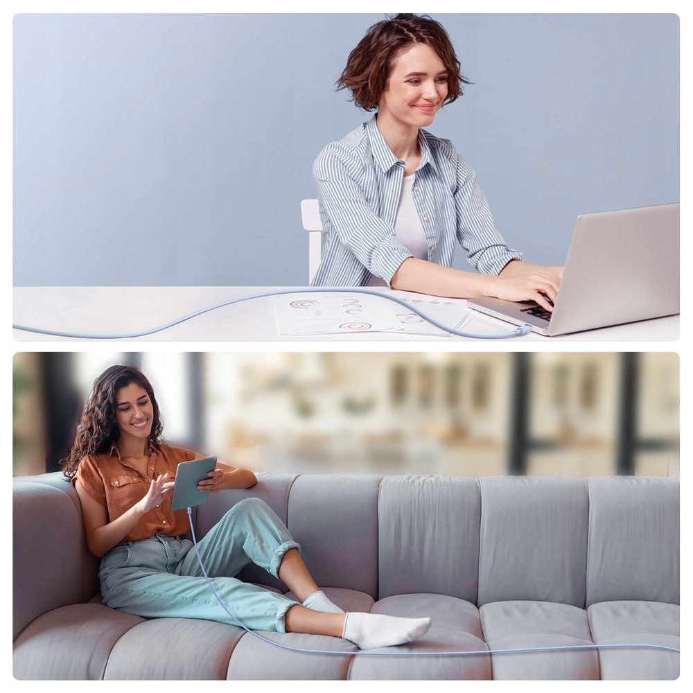 Collage mit zwei Frauen, die Geräte mit einem blauen Kabel verwenden, eine am Schreibtisch und die andere auf einer Couch.