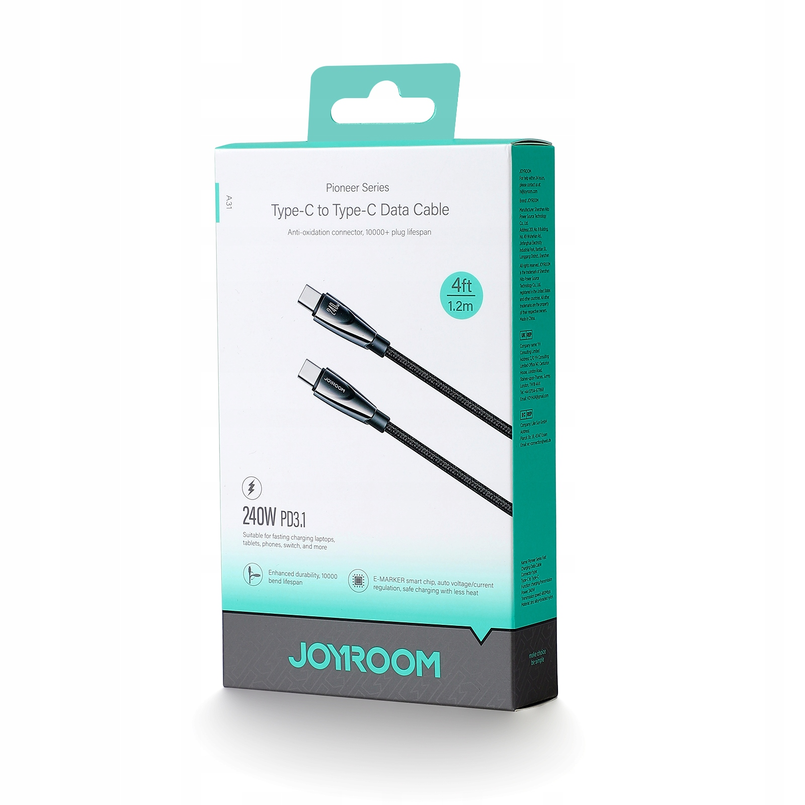 Obraz przedstawia kabel do transmisji danych Joyroom Type-C do Type-C w opakowaniu detalicznym, prezentując jego kluczowe cechy.