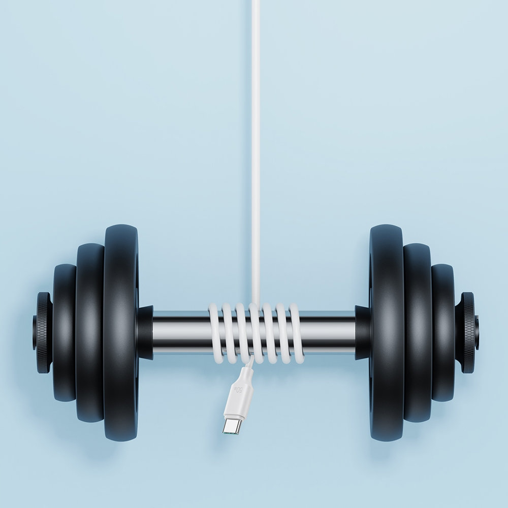 Biały kabel ładujący owinięty wokół hantli. Na końcu kabla białe złącze USB-C.