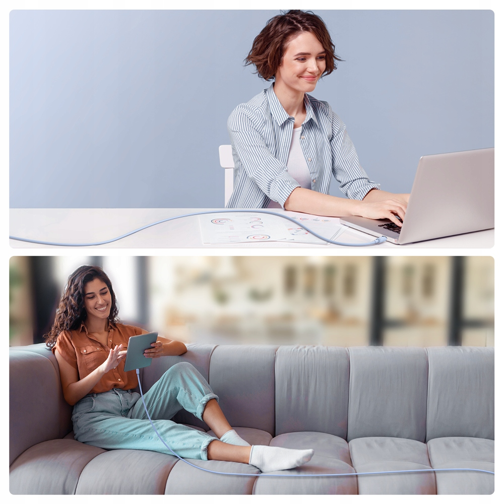 Zwei Personen, die Geräte benutzen. Eine Frau arbeitet an einem Laptop. Die andere benutzt ein Tablet. Beide sind mit Kabeln verbunden.