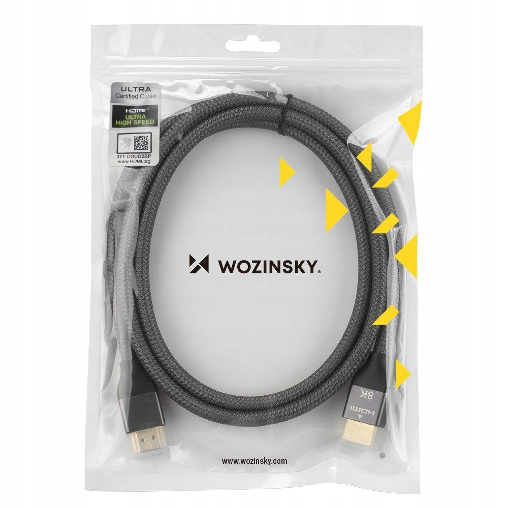 Szary pleciony kabel HDMI w przezroczystym plastikowym opakowaniu z logo Wozinsky.