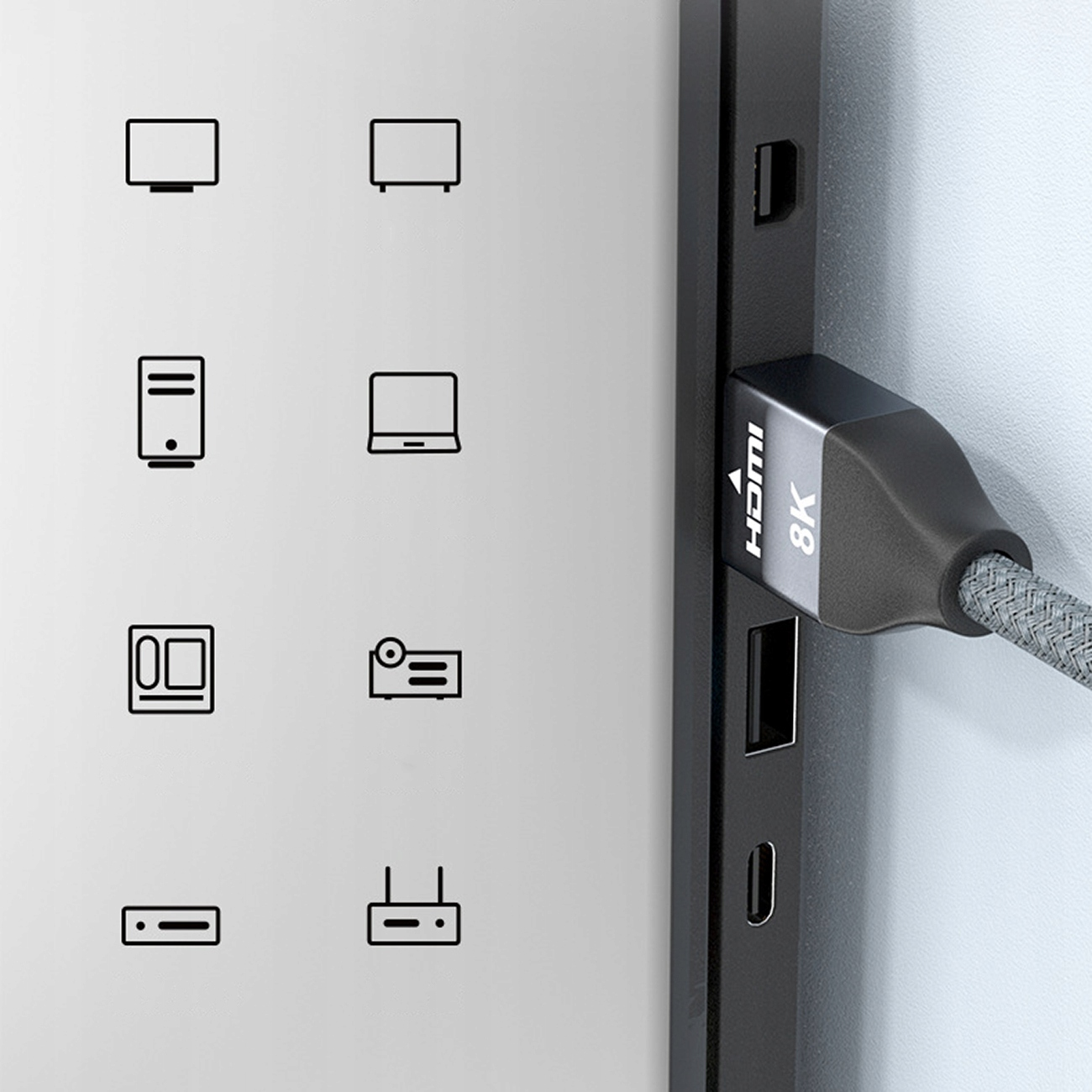 Kabel HDMI wpięty w urządzenie. Po lewej ikony różnych urządzeń.