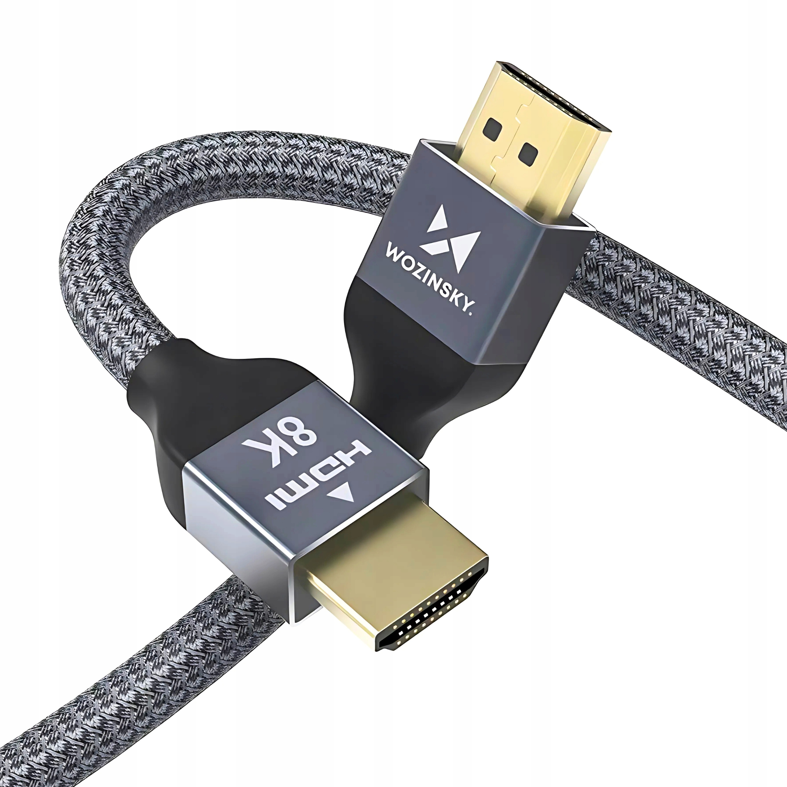 Dwa kable HDMI, widoczne oba końce. Kabel szary, złącza złote.