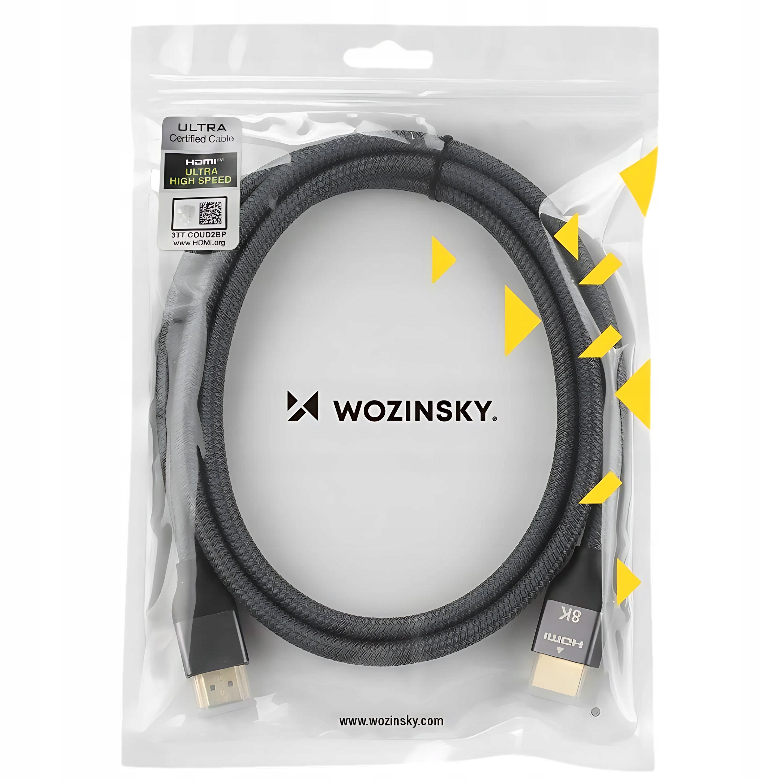 Zgrzana plastikowa torba zawierająca kabel HDMI. Kabel czarny i szary.