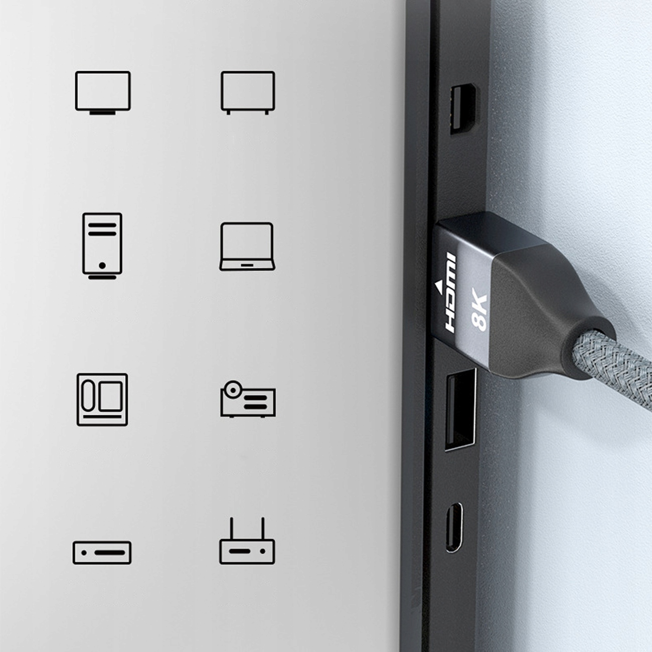 Kabel HDMI wpięty w urządzenie. Po lewej ikony różnych urządzeń.