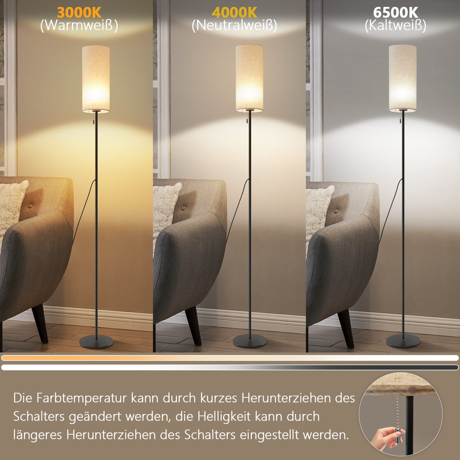 Trzy lampy o różnych temperaturach barwowych (3000K, 4000K, 6500K). Lampa, sofa i włącznik światła.