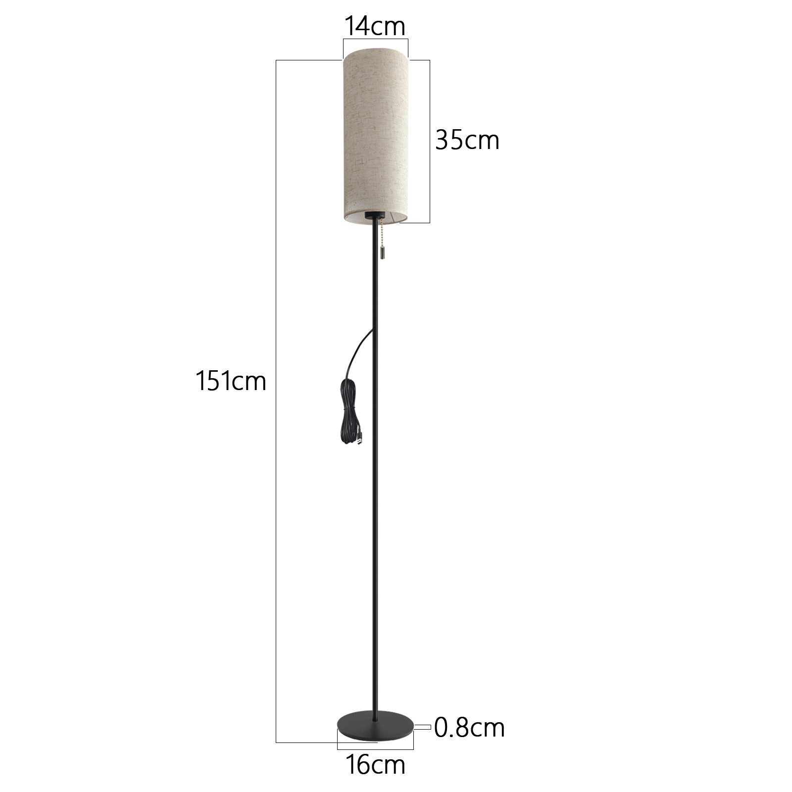 Lampa podłogowa z wyświetlonymi wymiarami. Ma czarny stojak, beżowy abażur i czarny przewód zasilający.