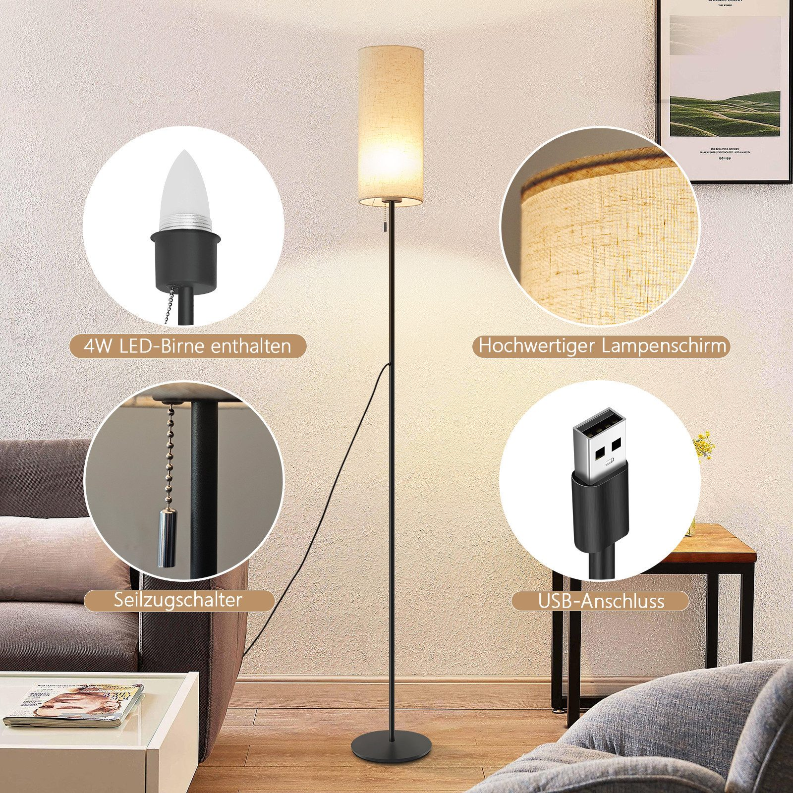 Lampa podłogowa z żarówką LED, łańcuszkiem i portem USB. Jest umieszczona w otoczeniu pokoju.