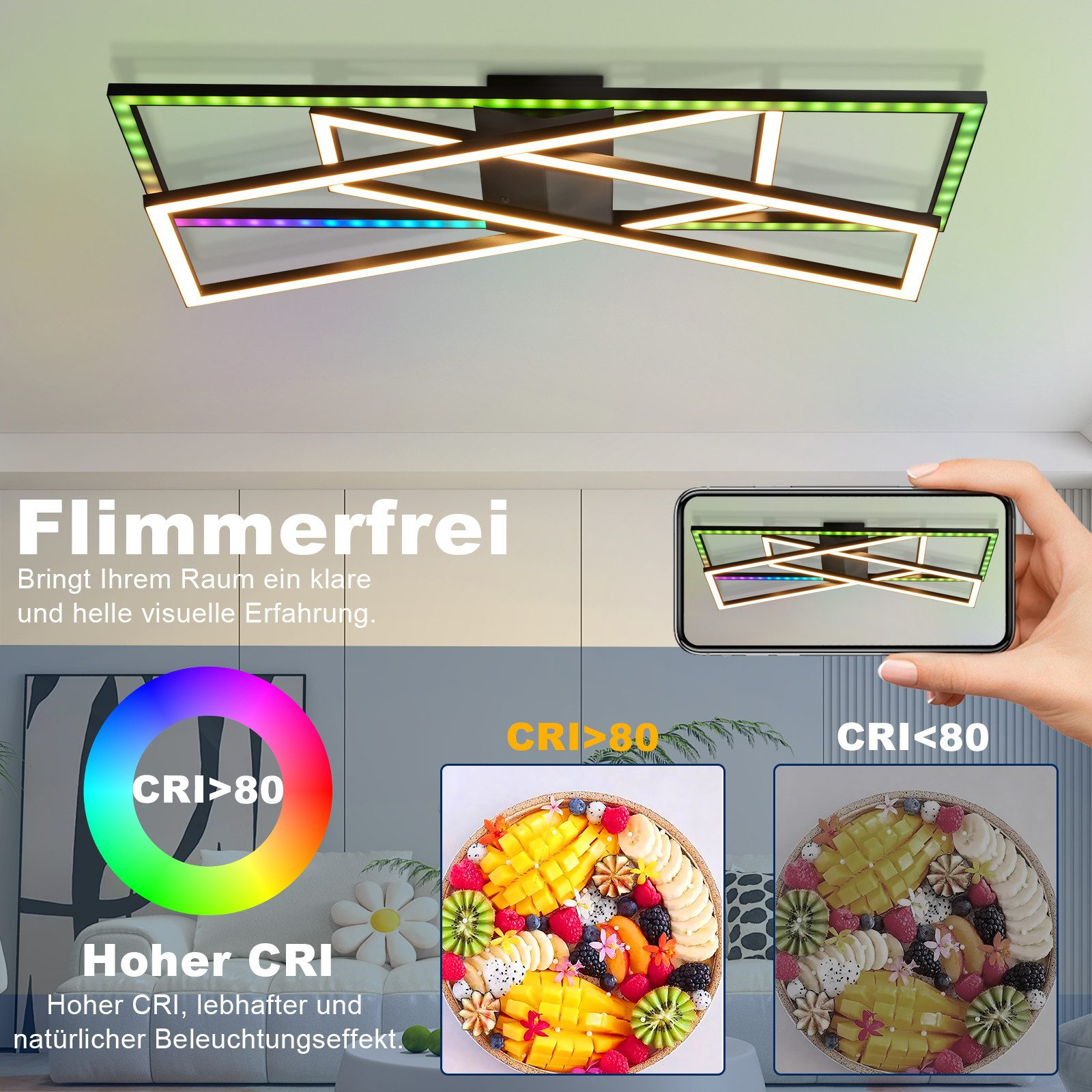 Una moderna plafoniera LED con molteplici opzioni di colore e un design geometrico.