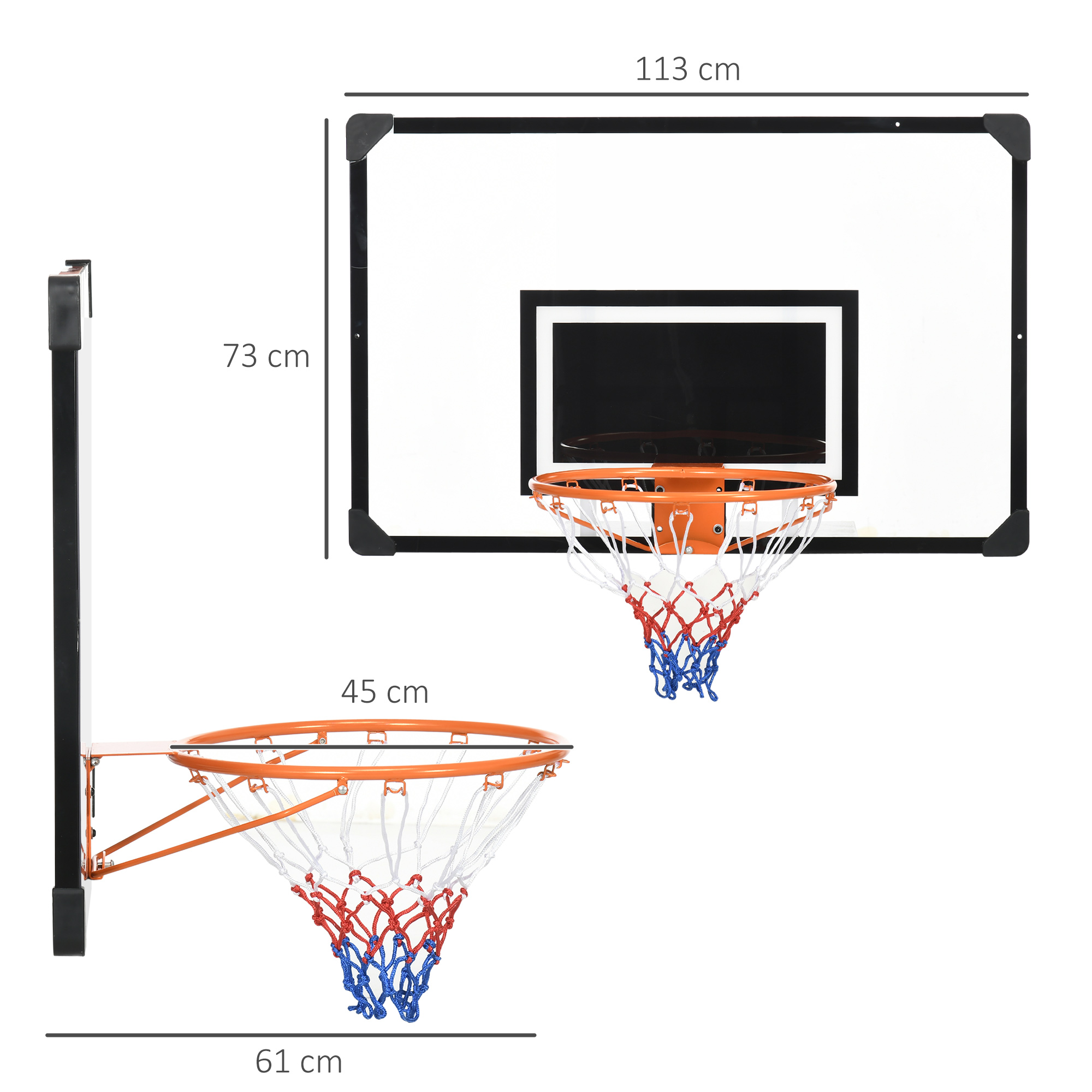 Un juego de aro de baloncesto que muestra las dimensiones con dos estilos de montaje diferentes.