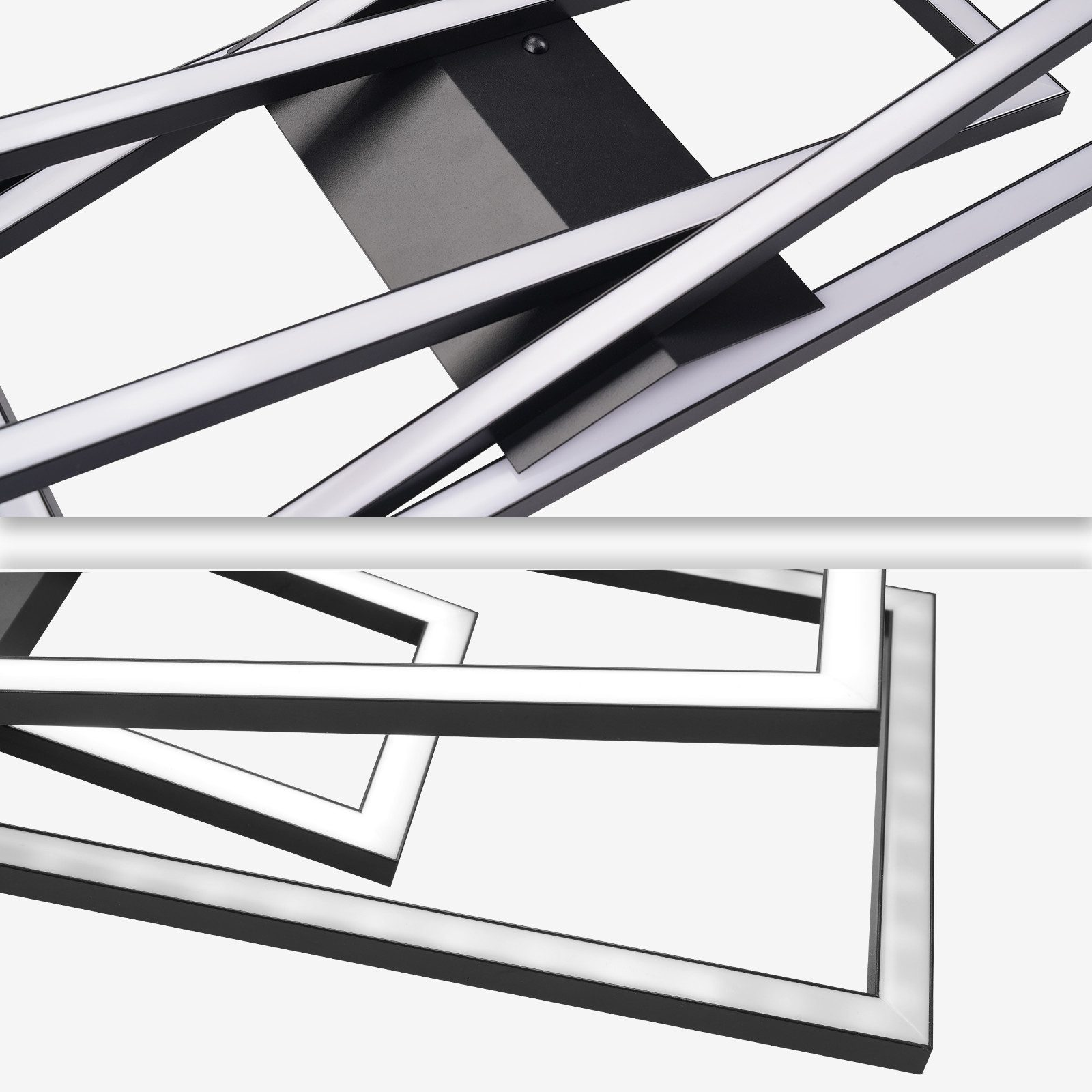 Primo piano di una moderna plafoniera geometrica con elementi bianchi e neri.