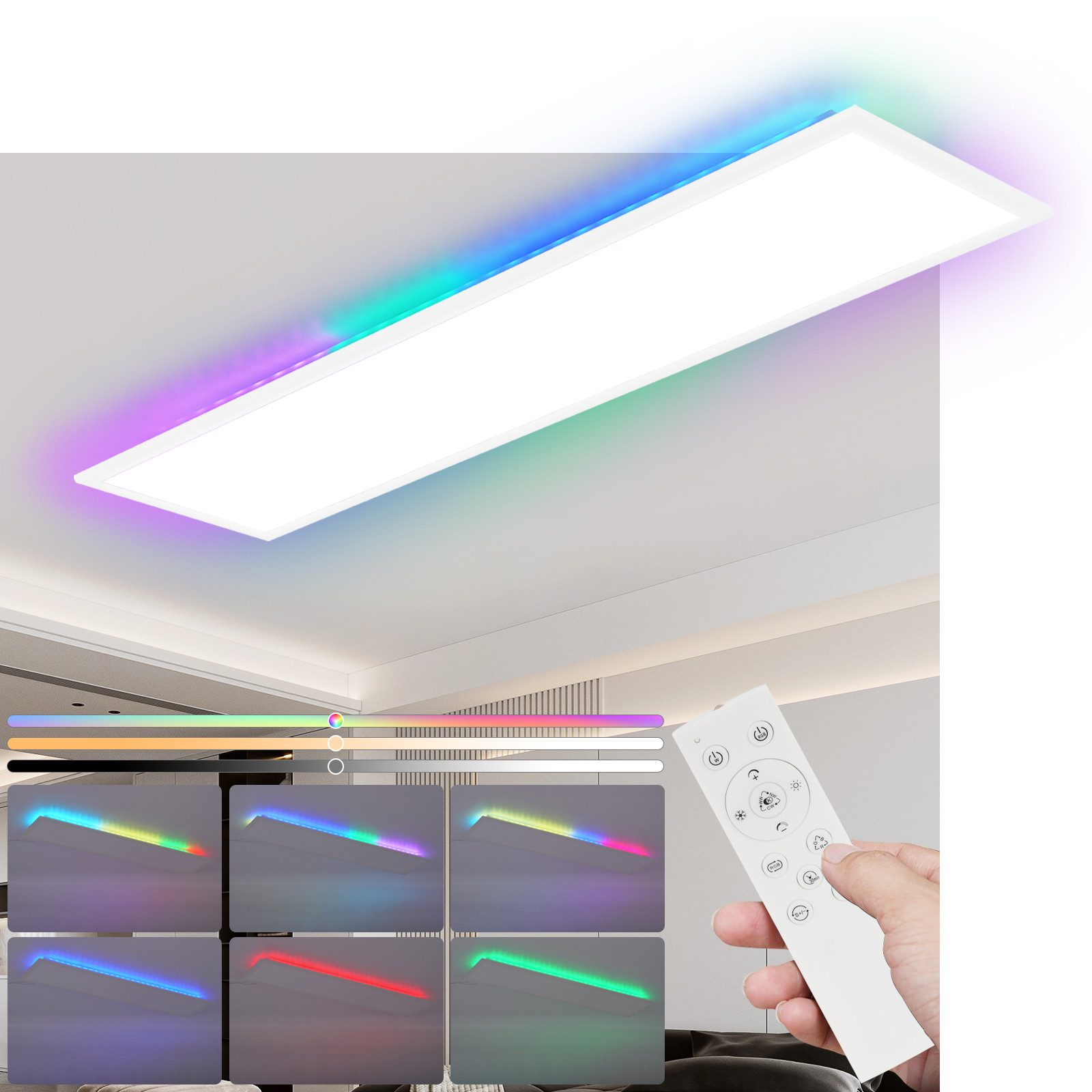 Una plafoniera LED rettangolare con bordi che cambiano colore, controllata da un telecomando.