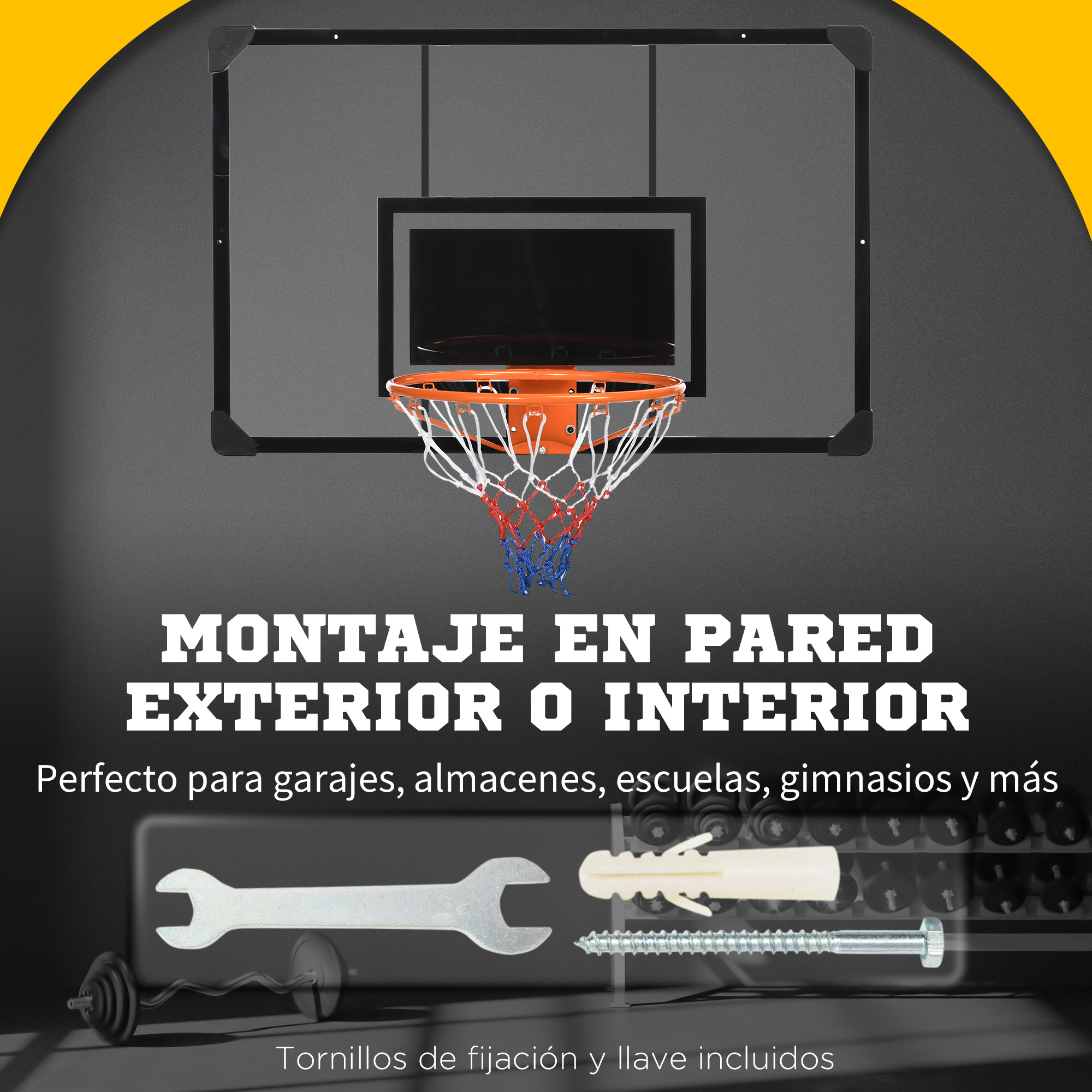 Un aro de baloncesto montado en la pared con herrajes y texto que promueve el uso en interiores y exteriores.