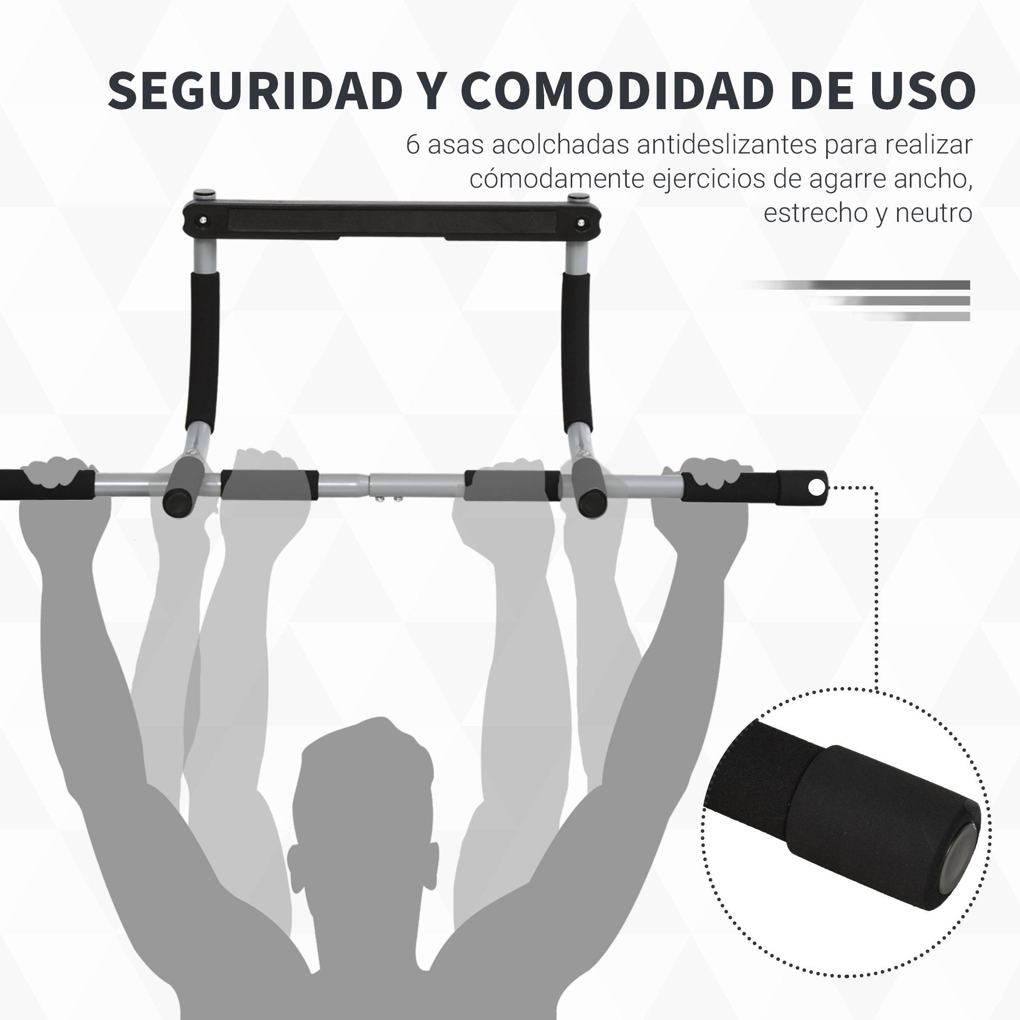 Una barra de dominadas con múltiples posiciones de agarre acolchadas, que se muestra en un diagrama con instrucciones de uso.